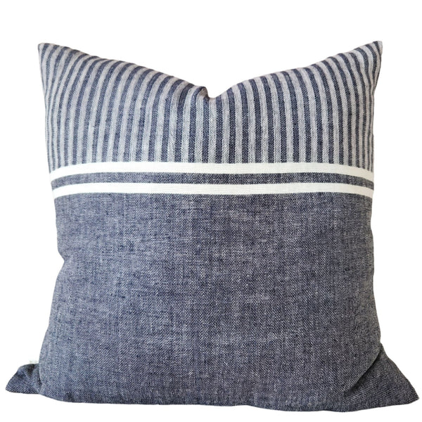 Aya Linen Cushion 55cm Square - White | Ocean Blue Striped