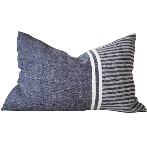 Aya Linen Cushion 40x60cm Lumbar - White | Ocean Blue Striped