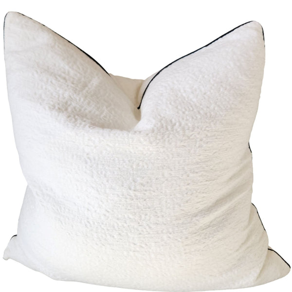 RESTOCK SEPTEMBER | Millard Jacquard Linen Cushion 55cm Square - Gassin White with Black Piping