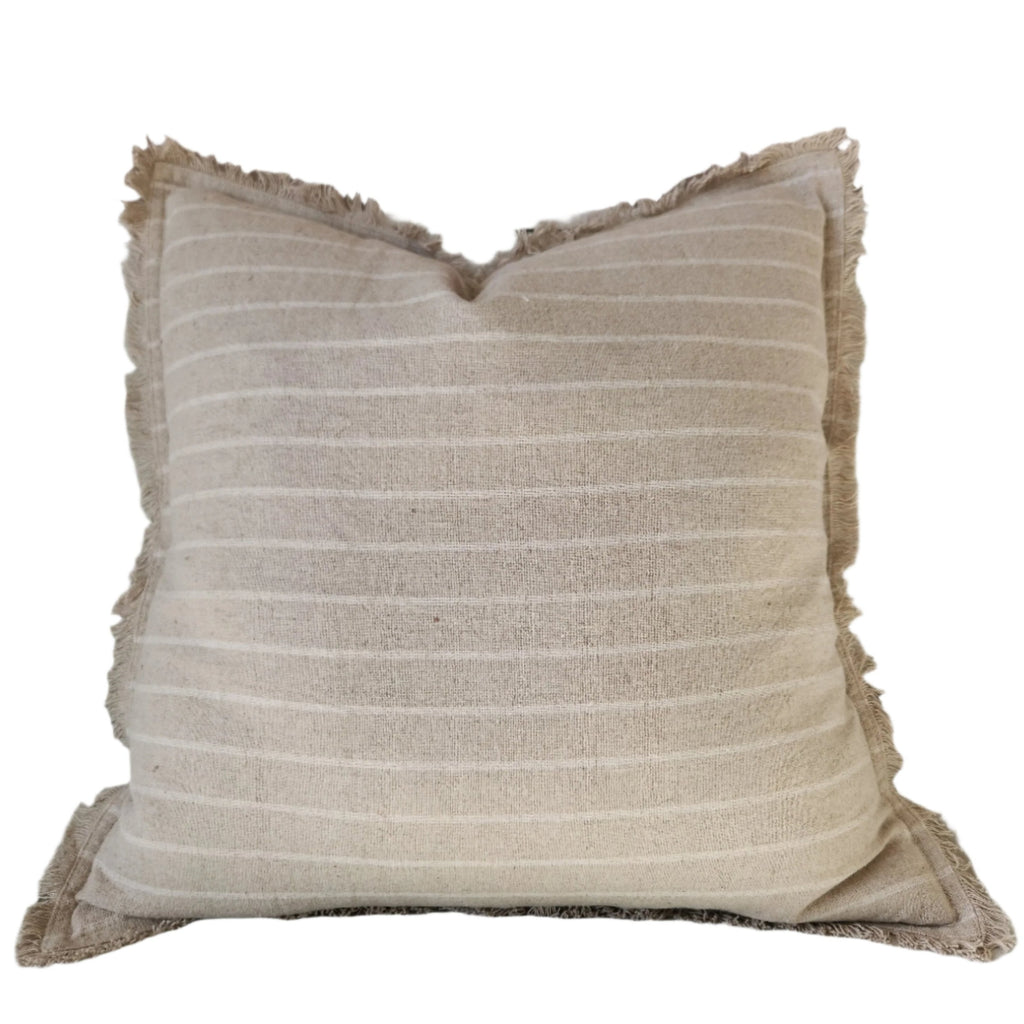 Greer Fringe Yarn-dyed Linen Cushion 50cm Square - Natural White Striped