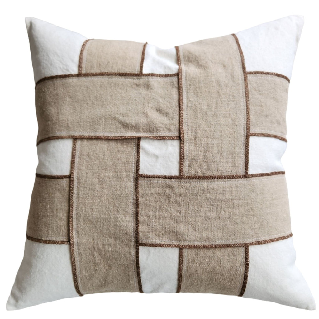 RESTOCK MARCH | Dénpasar Intertwined Linen Cushion 55cm Square - White | Natural | Rust Stitch