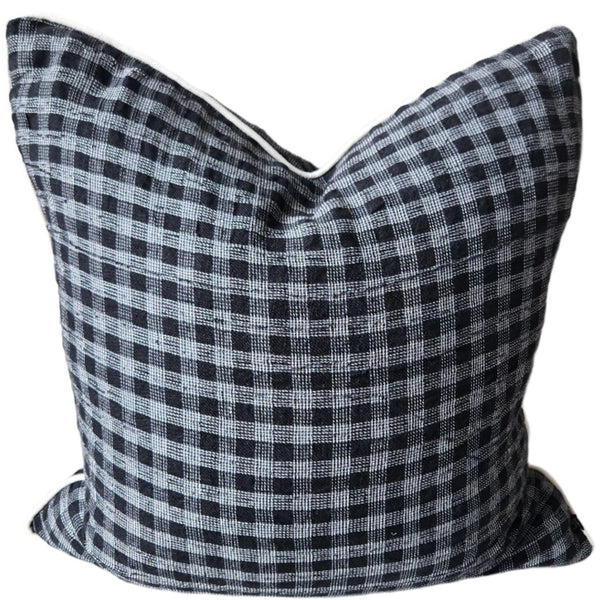 Aura Linen Texture Cushion 55cm Square - Black & White Combing Check | White Piping