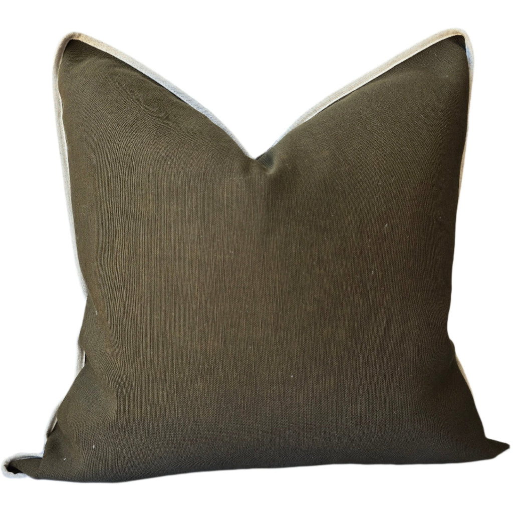 Reine Heavyweight Linen Cushion 55cm Square - Army Green | Off White Border