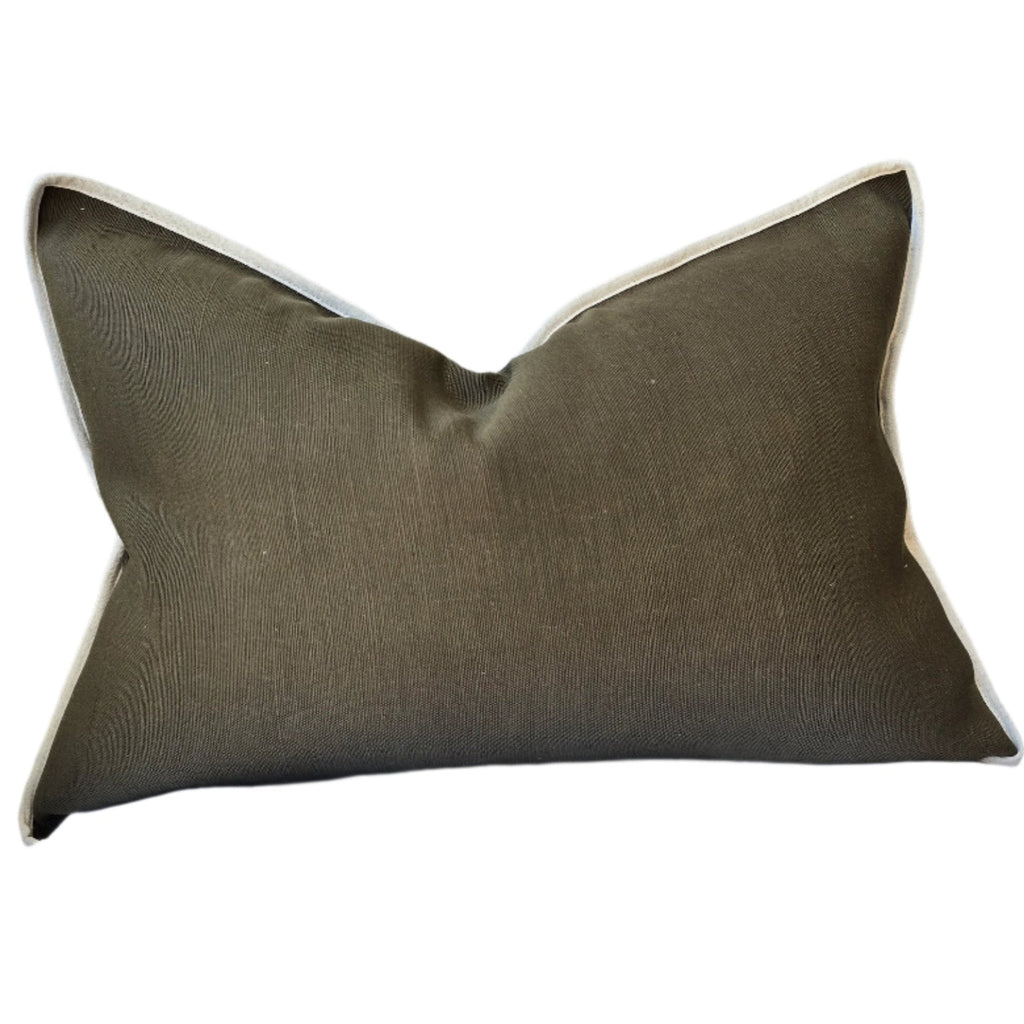 Reine Heavyweight Linen Cushion 40x60cm Lumbar - Army Green | Off White Border