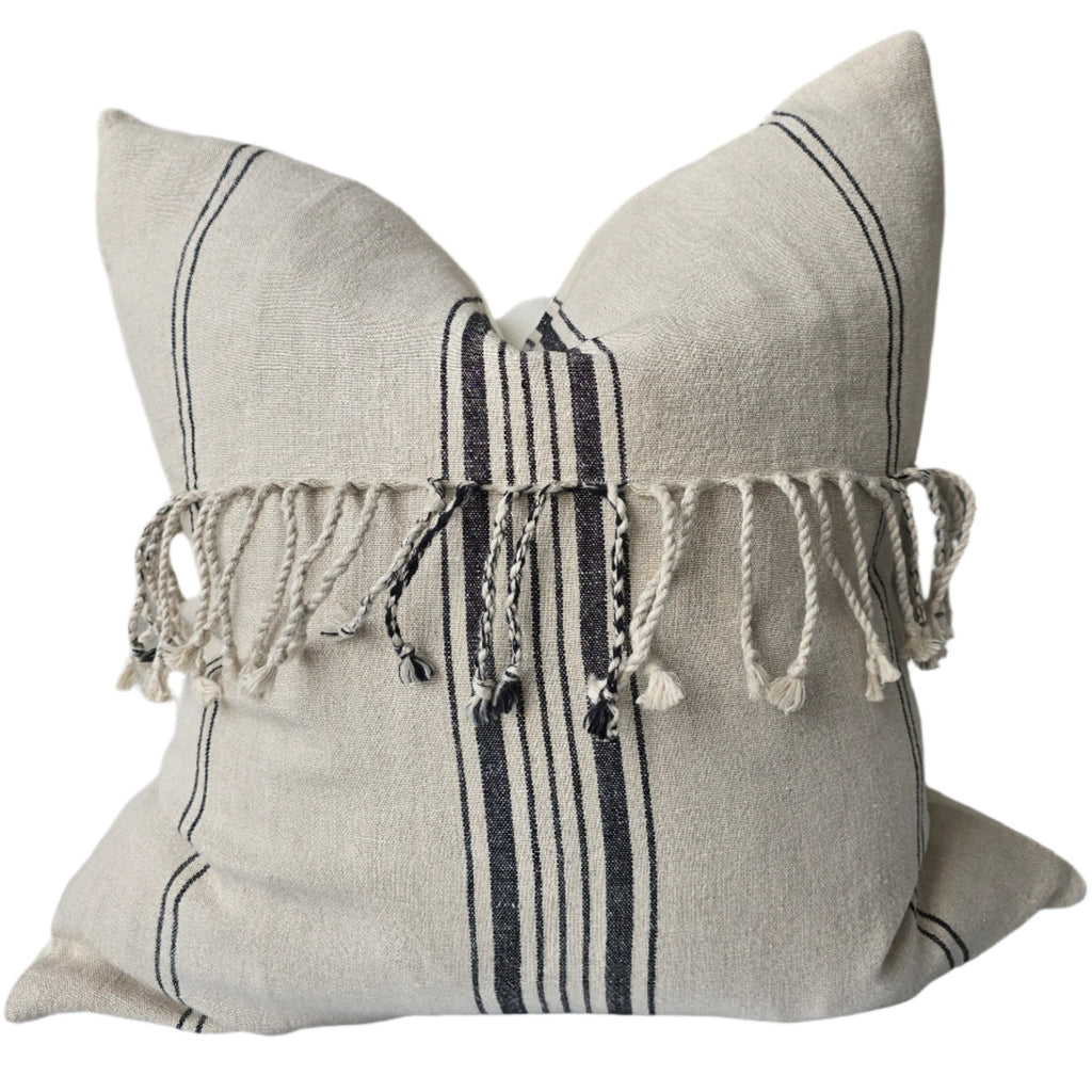 LAST ONE  - Malibu Breeze Linen Cushion 55cm Square - Tassel Natural | Black Striped