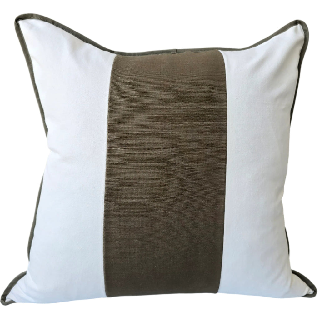 Reine Heavyweight Linen Cushion 55cm Square - Off White | Army Green Border