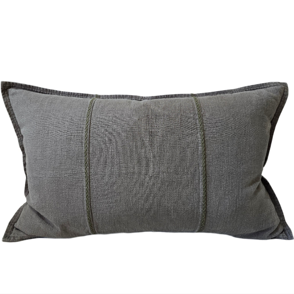 Eveleigh Stonewashed Linen Cotton Cushion 40x60cm Lumbar - Dark Sage Green | Embroidery Double Striped