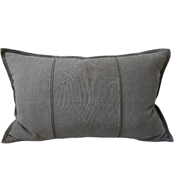 PREORDER NOW | END OF FEB DROP - Eveleigh Stonewashed Linen Cotton Cushion 40x60cm Lumbar - Dark Sage Green | Embroidery Double Striped