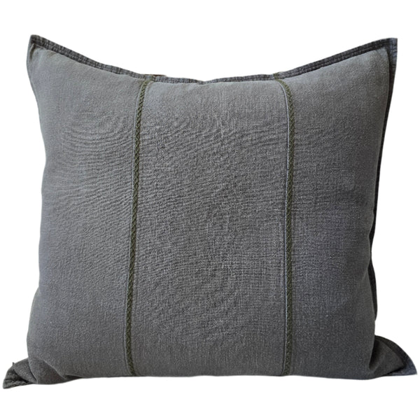 PREORDER NOW | END OF FEB DROP - Eveleigh Stonewashed Linen Cotton Cushion 55cm Square - Dark Sage Green | Embroidery Double Striped