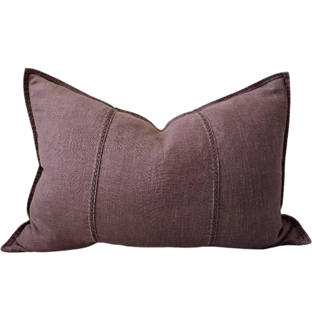 LAST ONE - Eveleigh Stonewashed Linen Cotton Cushion 40x60cm Lumbar - Chocolate Brown | Embroidery Double Striped