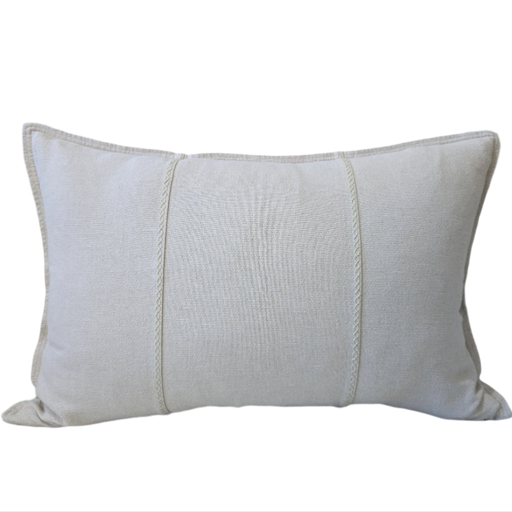 Eveleigh Stonewashed Linen Cotton Cushion 40x60cm Lumbar - Oatmeal | Embroidery Double Striped