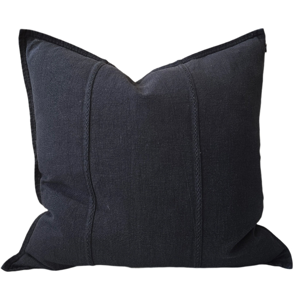 PREORDER NOW | END OF FEB DROP - Eveleigh Stonewashed Linen Cotton Cushion 55cm Square - Black | Embroidery Double Striped