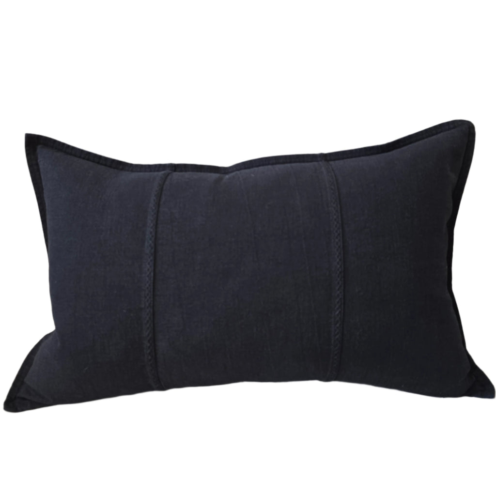 Eveleigh Stonewashed Linen Cotton Cushion 40x60cm Lumbar - Black | Embroidery Double Striped