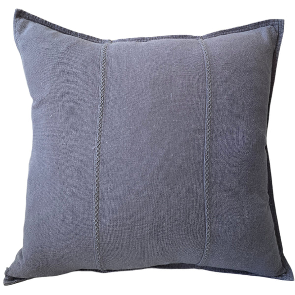 Eveleigh Stonewashed Linen Cotton Cushion 55cm Square - Cornflower Blue | Embroidery Double Striped