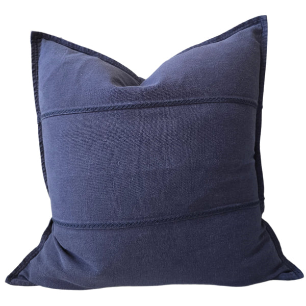 Eveleigh Stonewashed Linen Cotton Cushion 55cm Square - Navy Blue | Embroidery Double Striped