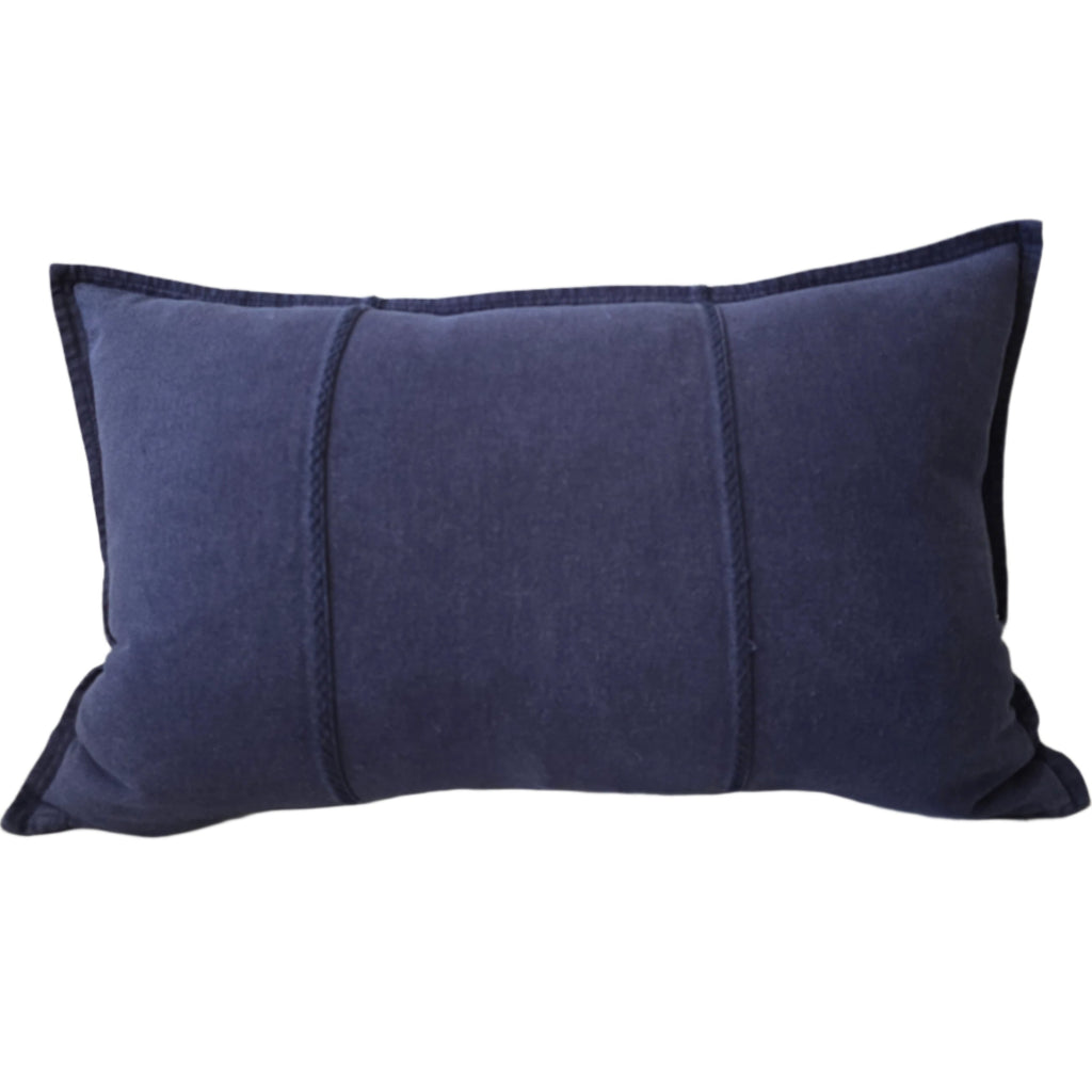 Eveleigh Stonewashed Linen Cotton Cushion 40x60cm Lumbar - Navy Blue | Embroidery Double Striped