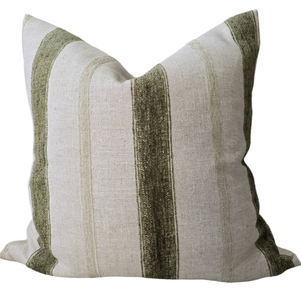 RESTOCK APRIL | Sadie Linen Chenille Cushion 55cm Square - Natural | Moss Green