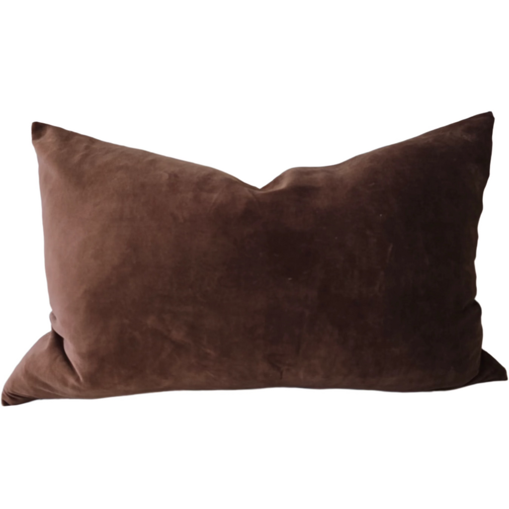 Fontainebleau Cotton Velvet & French Linen Two Sided Cushion 40x60cm Lumbar - Pinecone Brown