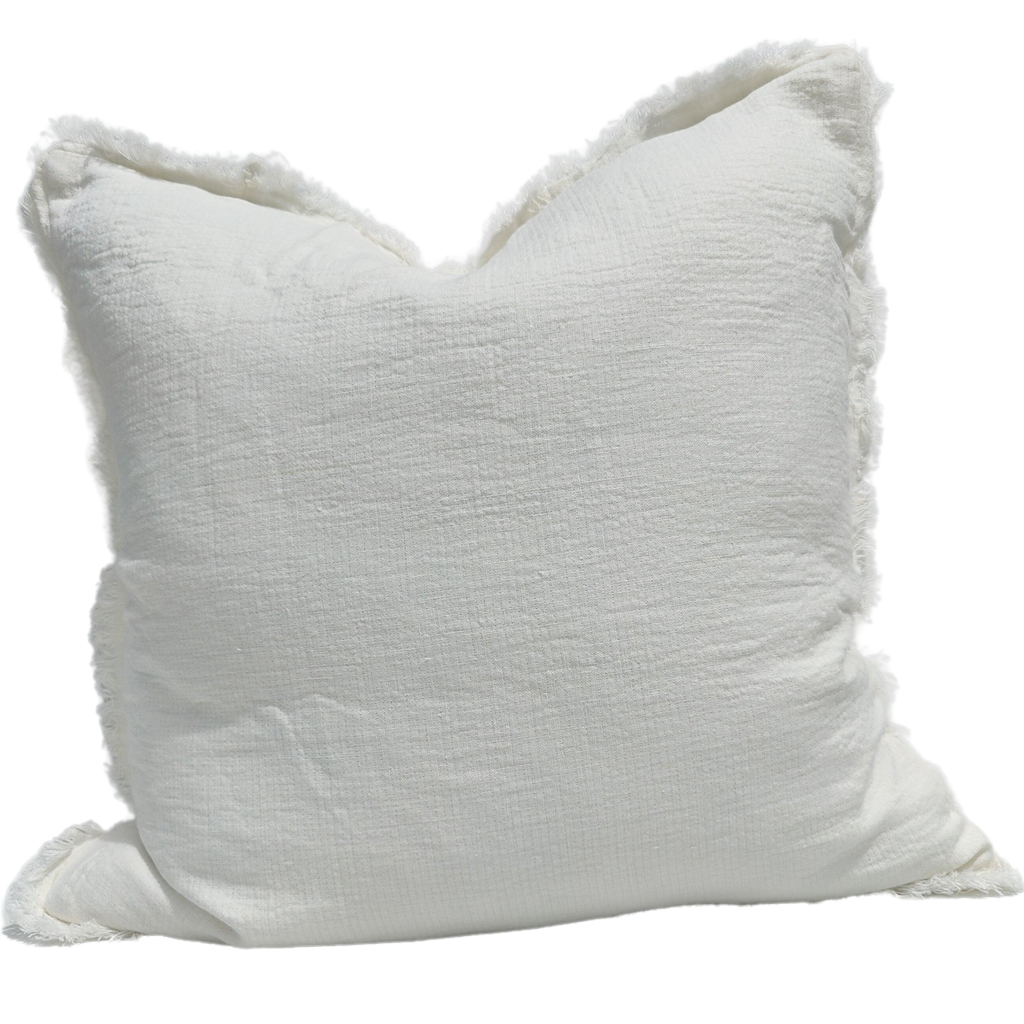 LAST ONE - Versailles Heavy Weight Pure French Linen Fringed Edge Cushion Square 55cm- Antique White