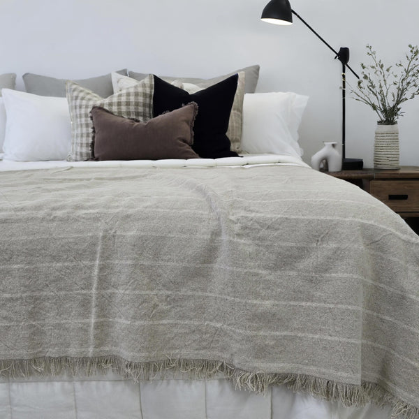 Irish Linen Cotton Bedcover Massive Throw Fringe 230x200cm - Natural Striped