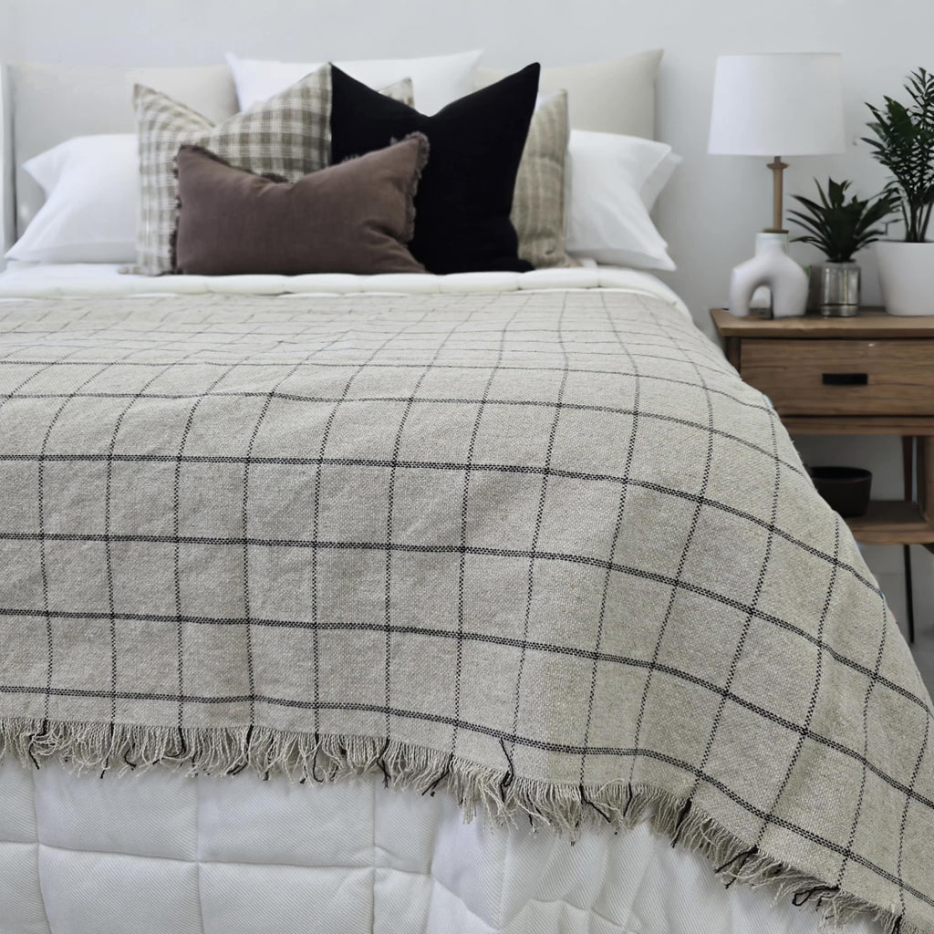 Irish Linen Cotton Bedcover Massive Throw Fringe 230x200cm - Black Plaid