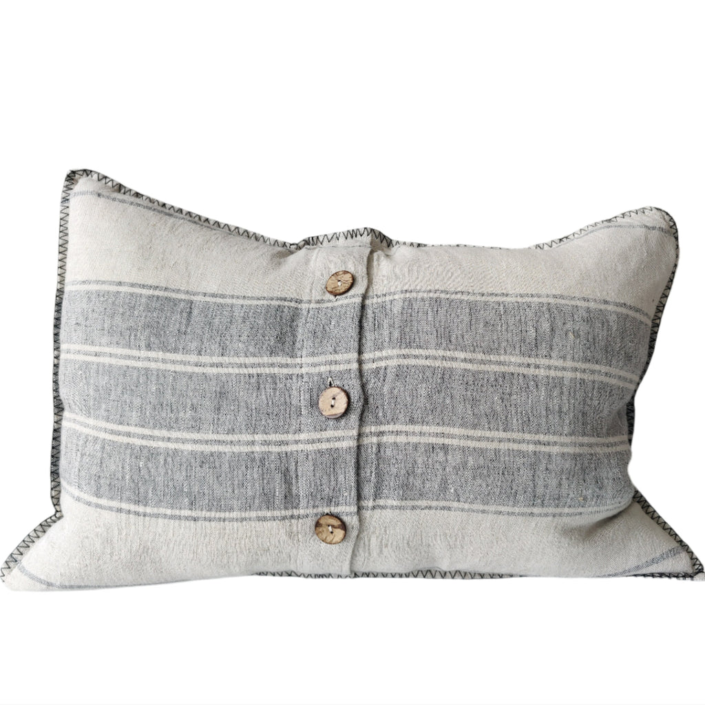 Zoey Pure French Linen Cushion 40x60cm Lumbar - Natural | Blue Grey with Blanket Stitch Edge