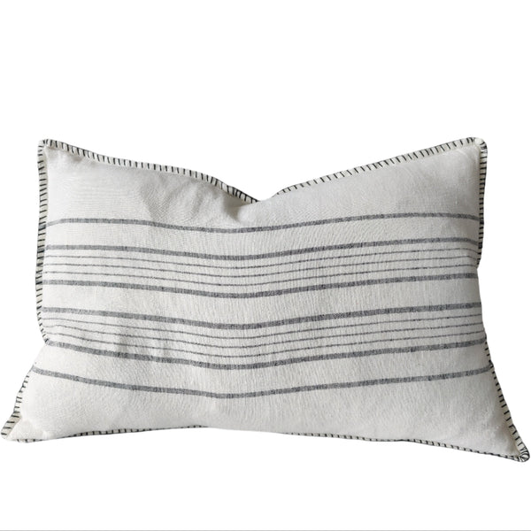 Zoey Pure French Linen Cushion 40x60cm Lumbar - Off White | Charcoal with Blanket Stitch Edge