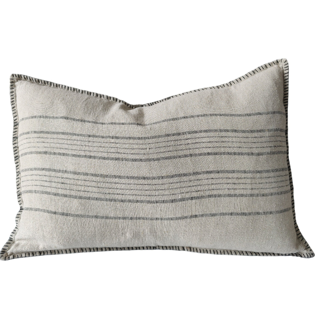 Zoey Pure French Linen Cushion 40x60cm Lumbar - Natural | Charcoal with Blanket Stitch Edge