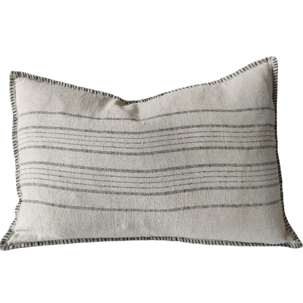 Zoey Pure French Linen Cushion 40x60cm Lumbar - Natural | Charcoal with Blanket Stitch Edge