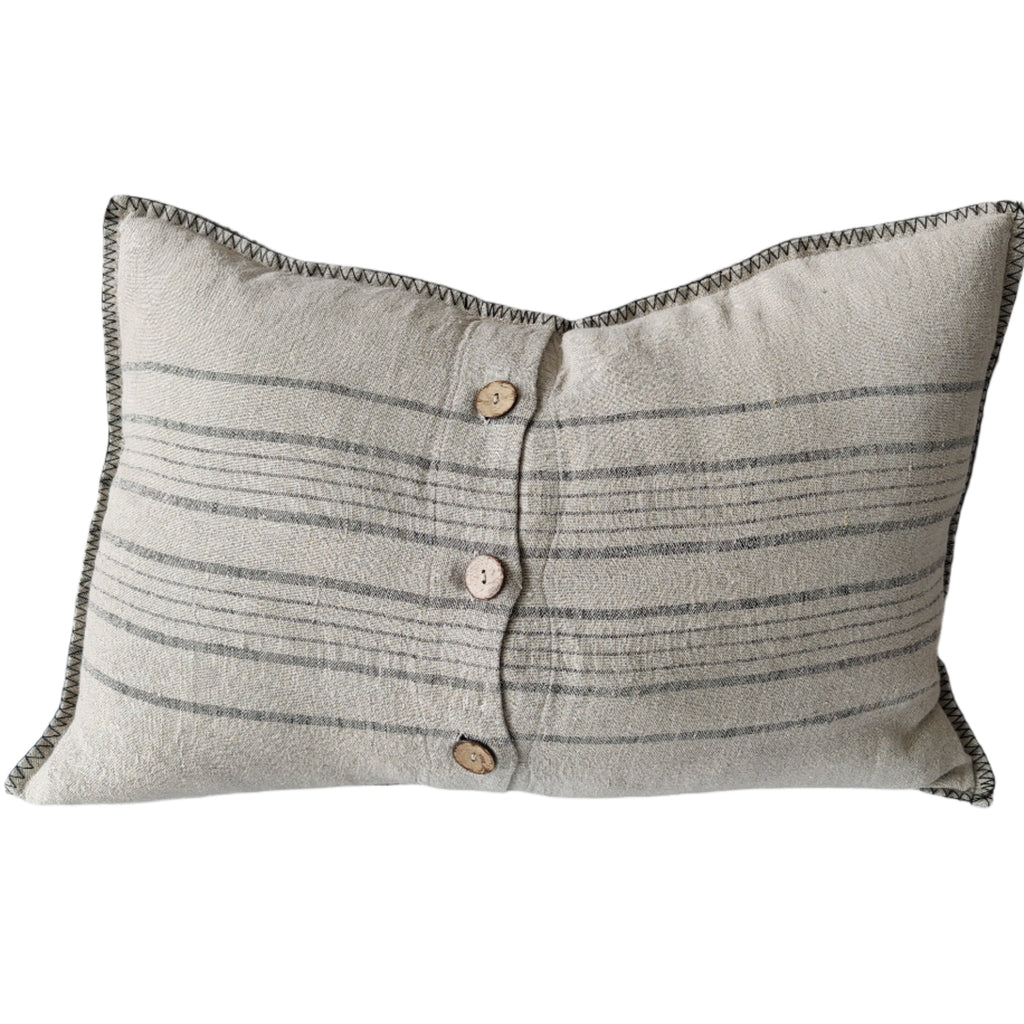 Zoey Pure French Linen Cushion 40x60cm Lumbar - Natural | Charcoal with Blanket Stitch Edge