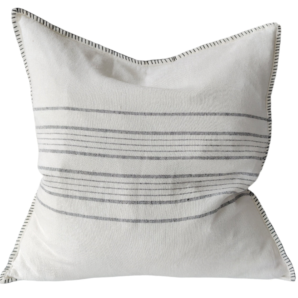 Zoey Pure French Linen Cushion 55cm Square - Off White | Charcoal with Blanket Stitch Edge