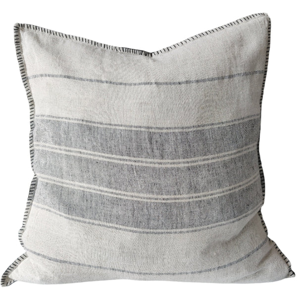 Zoey Pure French Linen Cushion 55cm Square - Natural | Blue Grey with Blanket Stitch Edge