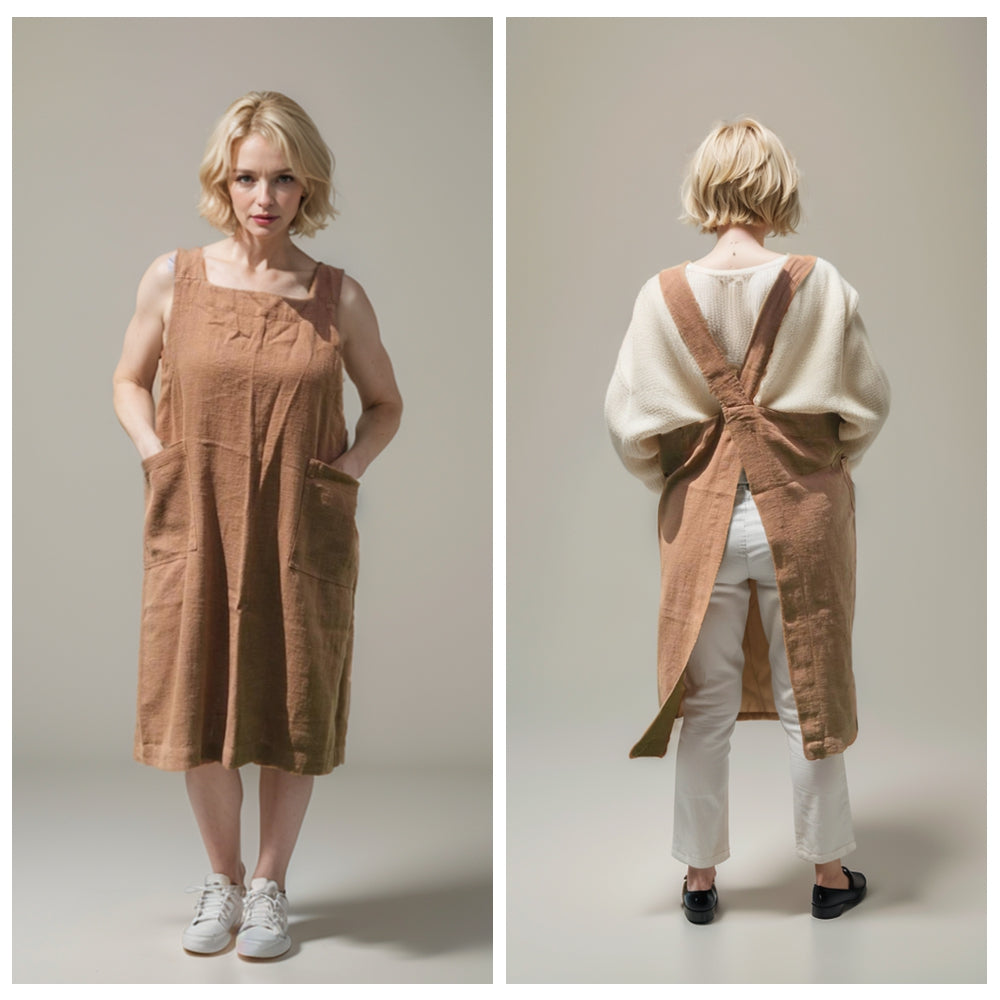 Millard Linen Cotton Pinafore Cross Back - Nimes Caramel Cafe