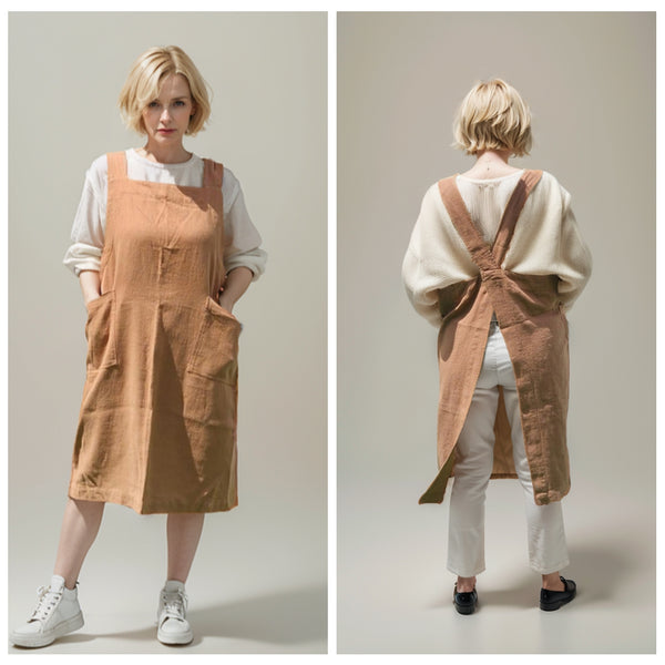 Millard Linen Cotton Pinafore Cross Back - Nimes Peach Caramel