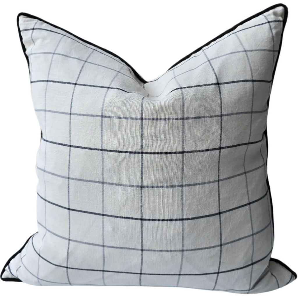 Penelope Linen Cotton Cushion 55cm Square - White with Grid pattern in Grey | Black